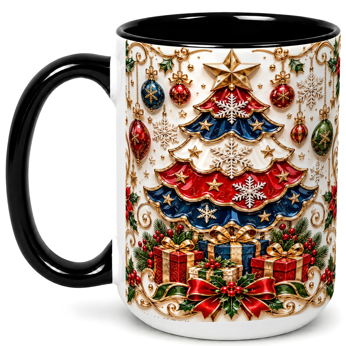 #pl[15oz|Black] Ornate Holiday Tree Coffee Mug, Snowflake Mug, Ceramic Cup