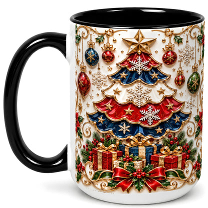 #pl[15oz|Black] Ornate Holiday Tree Coffee Mug, Snowflake Mug, Ceramic Cup