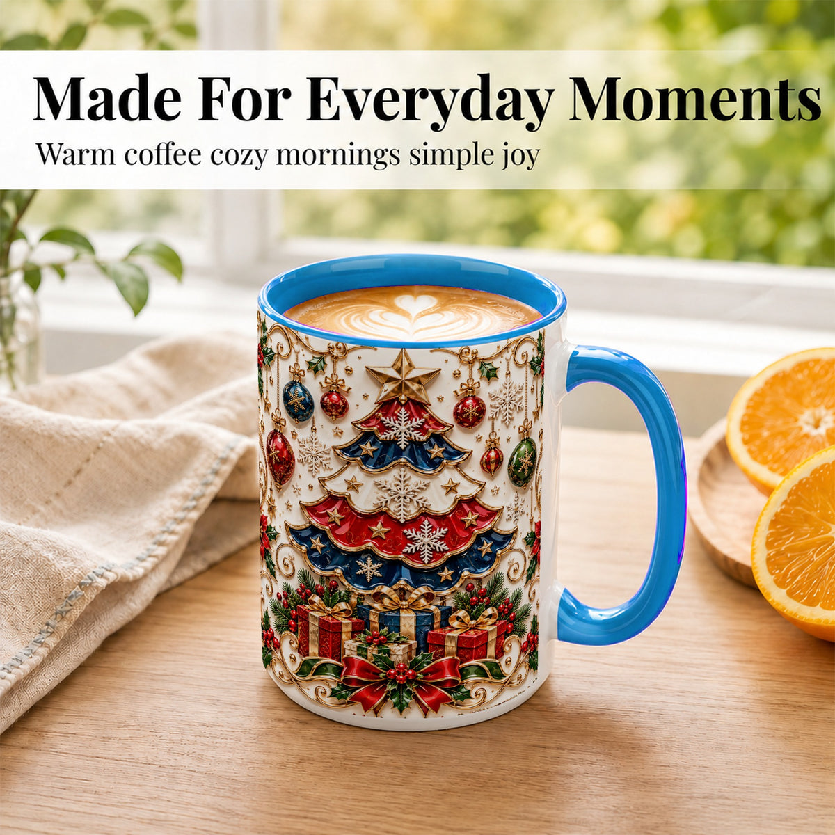 #pl[15oz|Blue] Ornate Holiday Tree Coffee Mug, Snowflake Mug, Ceramic Cup