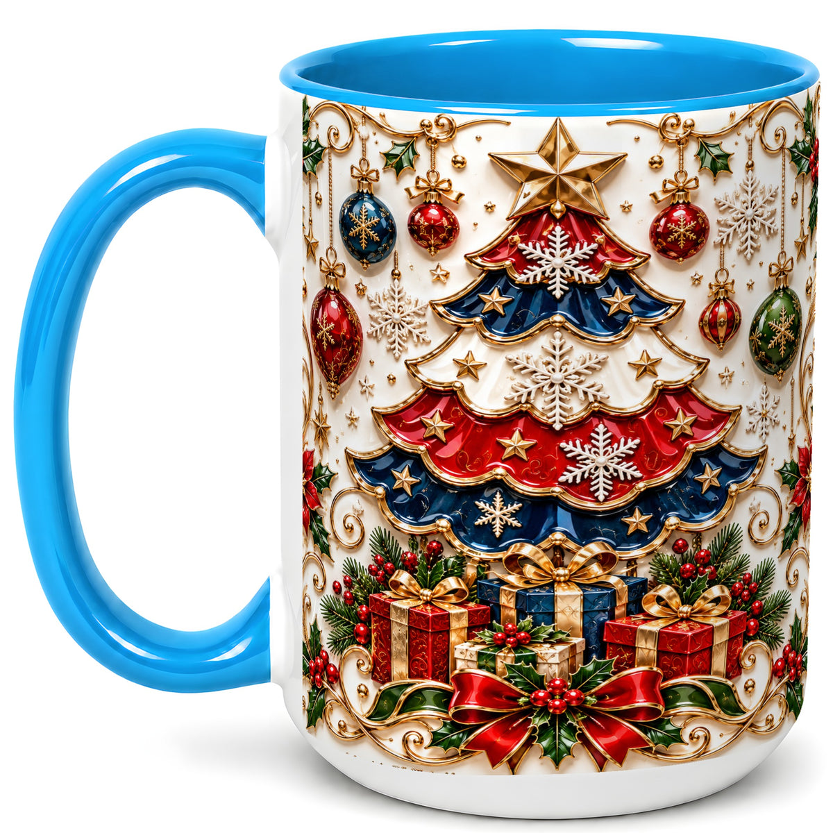 #pl[15oz|Blue] Ornate Holiday Tree Coffee Mug, Snowflake Mug, Ceramic Cup