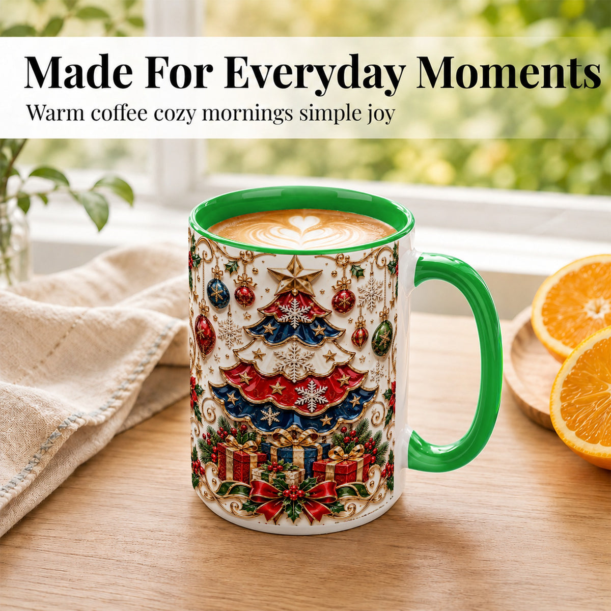 #pl[15oz|Green] Ornate Holiday Tree Coffee Mug, Snowflake Mug, Ceramic Cup