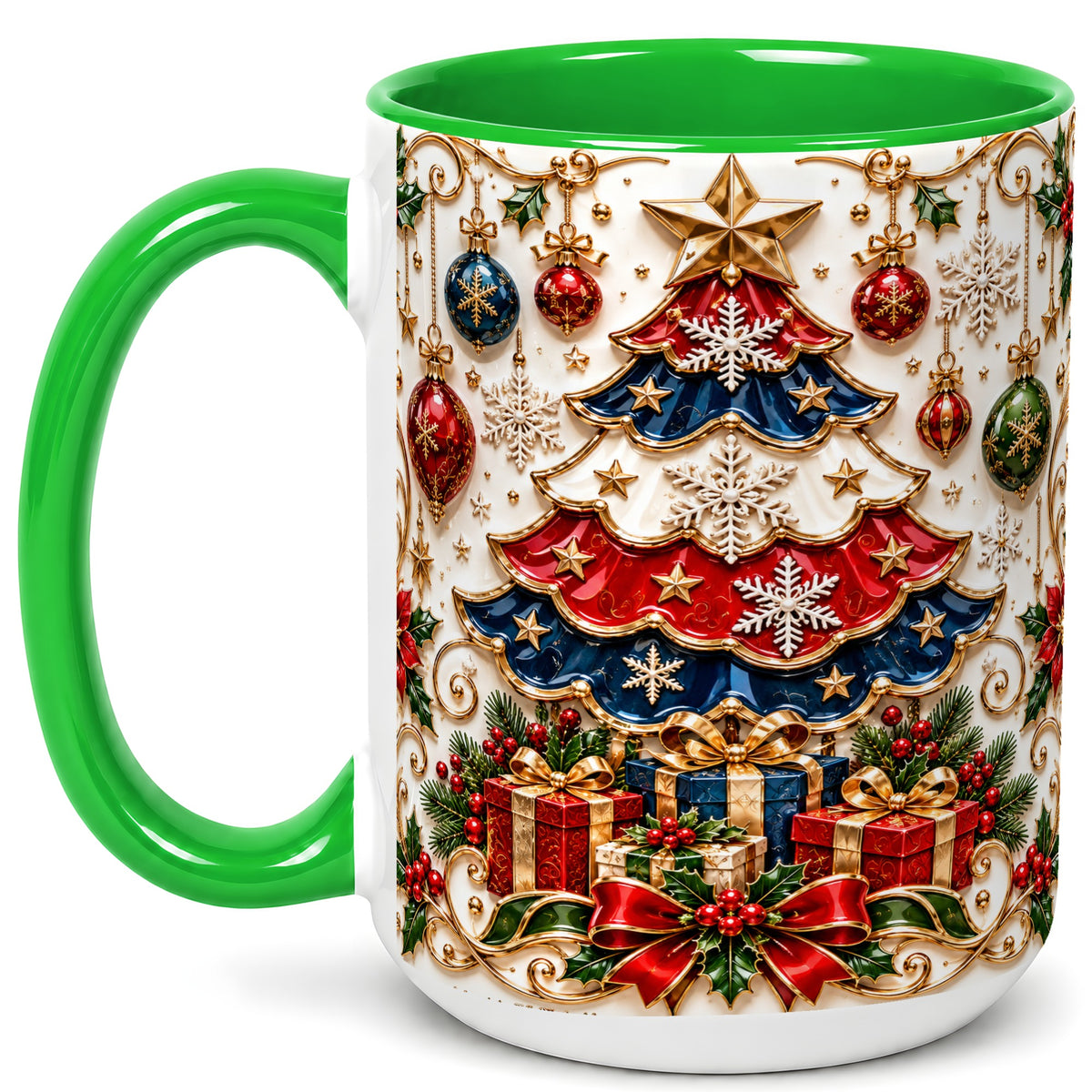 #pl[15oz|Green] Ornate Holiday Tree Coffee Mug, Snowflake Mug, Ceramic Cup
