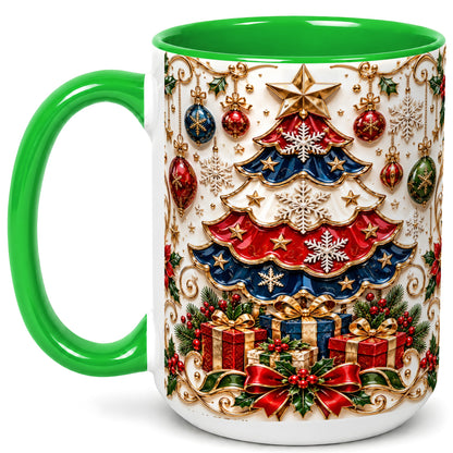 #pl[15oz|Green] Ornate Holiday Tree Coffee Mug, Snowflake Mug, Ceramic Cup