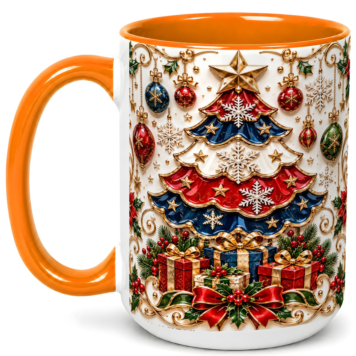 #pl[15oz|Orange] Ornate Holiday Tree Coffee Mug, Snowflake Mug, Ceramic Cup