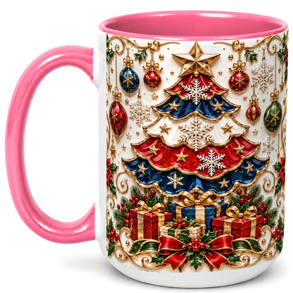 #pl[15oz|Pink] Ornate Holiday Tree Coffee Mug, Snowflake Mug, Ceramic Cup