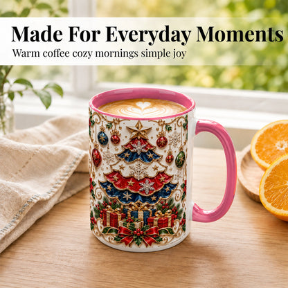 #pl[15oz|Pink] Ornate Holiday Tree Coffee Mug, Snowflake Mug, Ceramic Cup