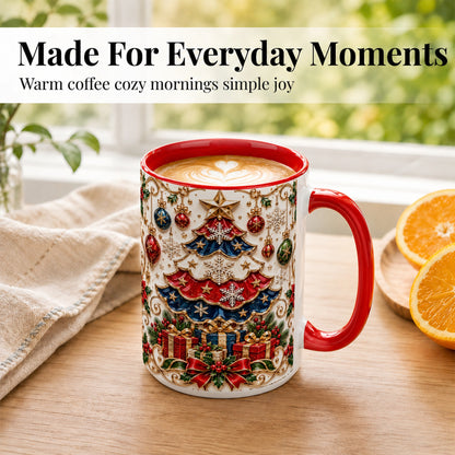 #pl[15oz|Red] Ornate Holiday Tree Coffee Mug, Snowflake Mug, Ceramic Cup