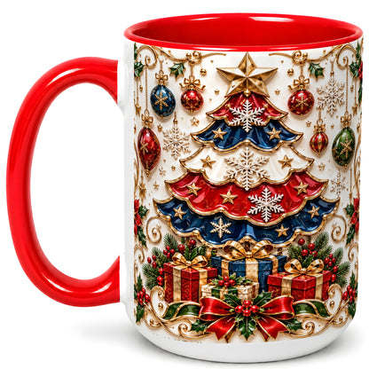 #pl[15oz|Red] Ornate Holiday Tree Coffee Mug, Snowflake Mug, Ceramic Cup
