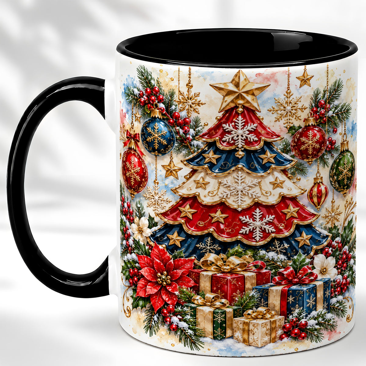 #pl[11oz|Black] Watercolor Holiday Tree Coffee Mug, Ornament Mug, Ceramic Cup