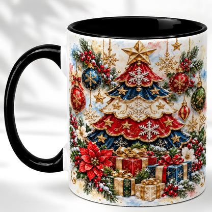 #pl[11oz|Black] Watercolor Holiday Tree Coffee Mug, Ornament Mug, Ceramic Cup