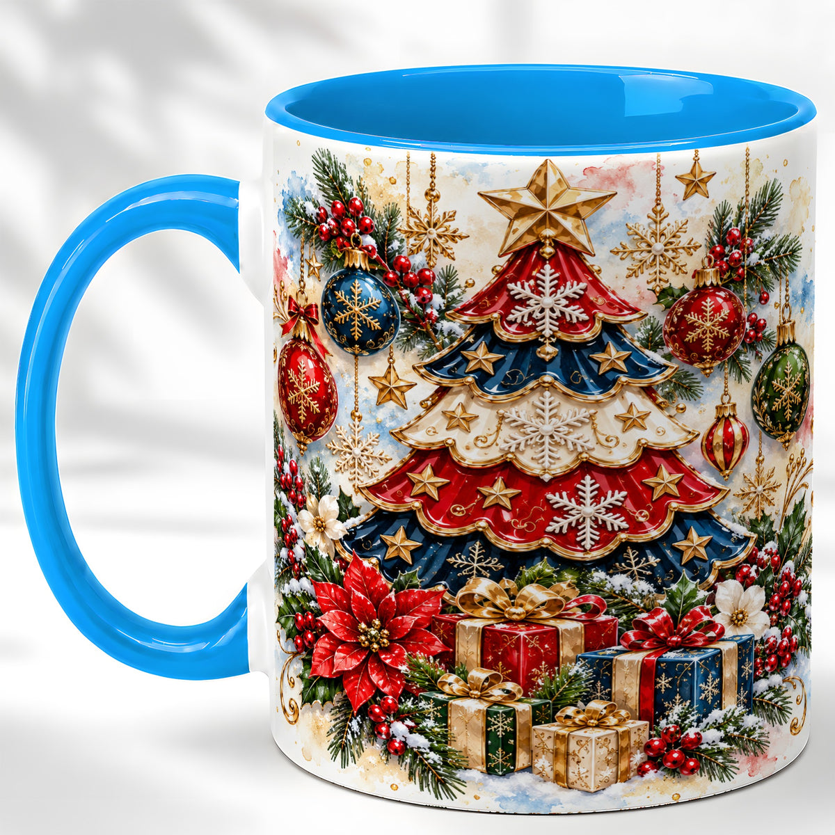 #pl[11oz|Blue] Watercolor Holiday Tree Coffee Mug, Ornament Mug, Ceramic Cup