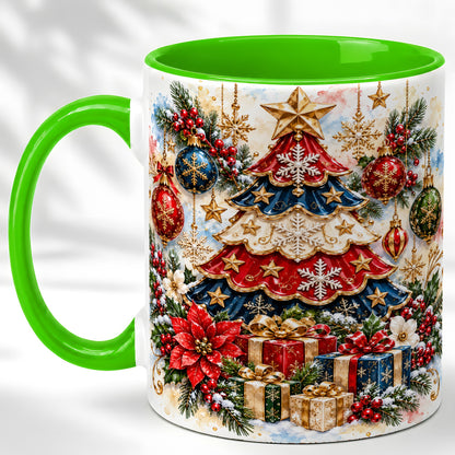 #pl[11oz|Green] Watercolor Holiday Tree Coffee Mug, Ornament Mug, Ceramic Cup