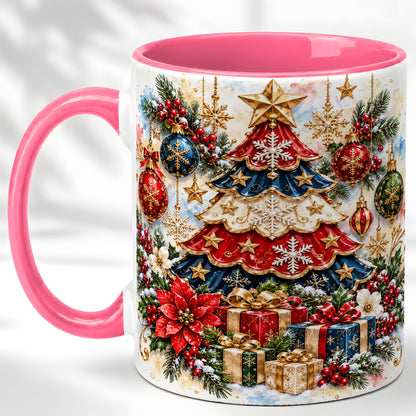 #pl[11oz|Pink] Watercolor Holiday Tree Coffee Mug, Ornament Mug, Ceramic Cup