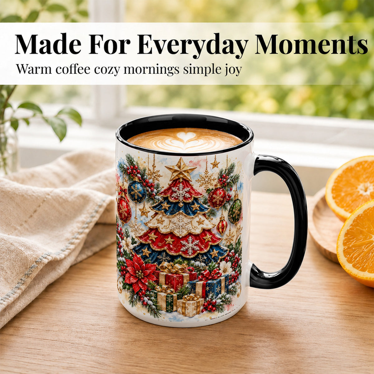 #pl[15oz|Black] Watercolor Holiday Tree Coffee Mug, Ornament Mug, Ceramic Cup