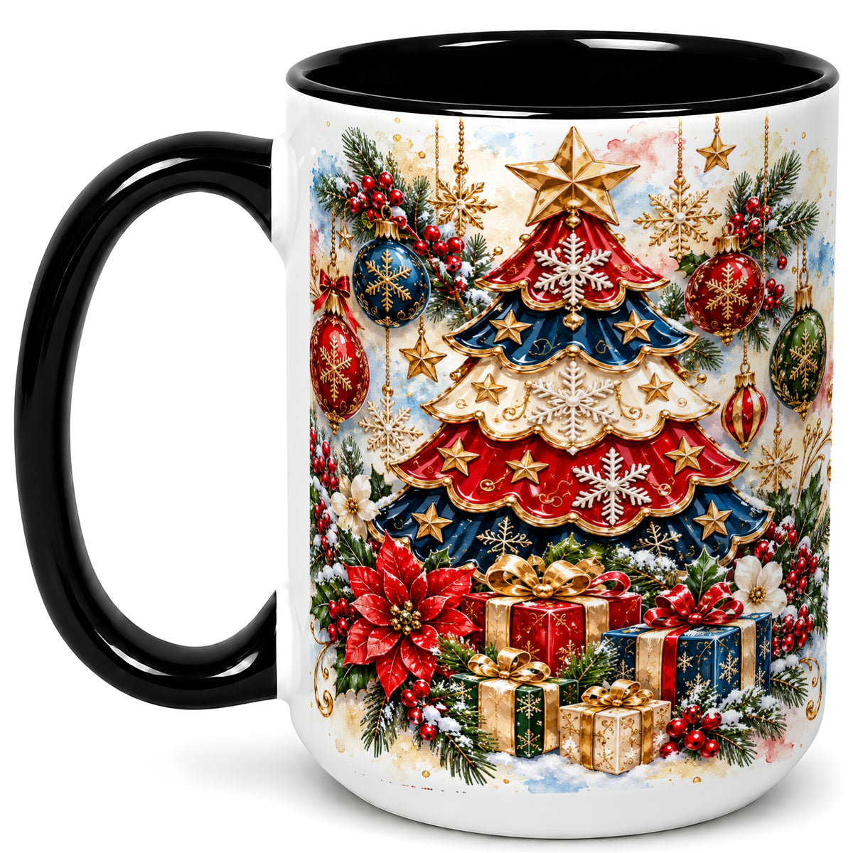 #pl[15oz|Black] Watercolor Holiday Tree Coffee Mug, Ornament Mug, Ceramic Cup