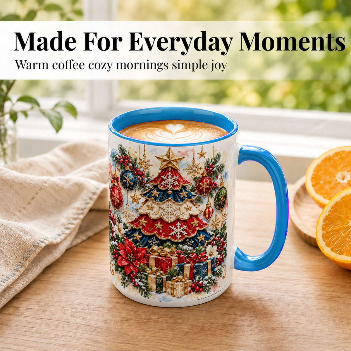 #pl[15oz|Blue] Watercolor Holiday Tree Coffee Mug, Ornament Mug, Ceramic Cup