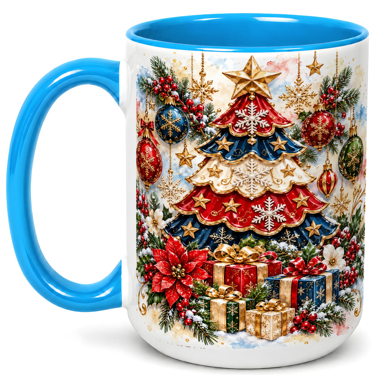 #pl[15oz|Blue] Watercolor Holiday Tree Coffee Mug, Ornament Mug, Ceramic Cup
