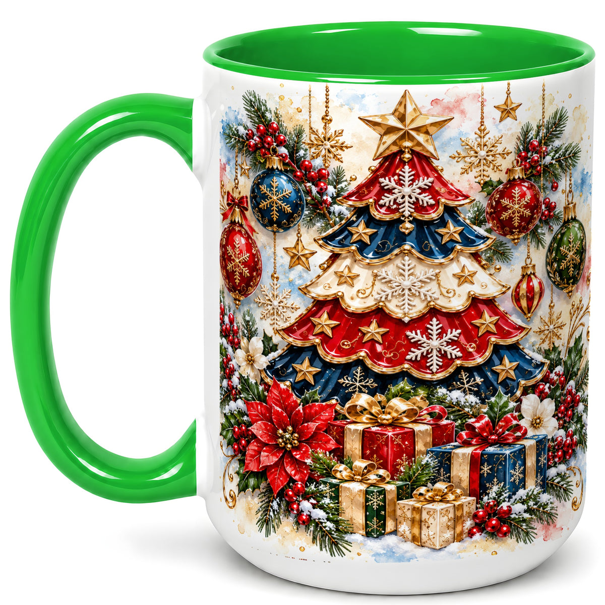 #pl[15oz|Green] Watercolor Holiday Tree Coffee Mug, Ornament Mug, Ceramic Cup