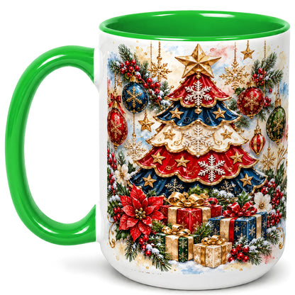 #pl[15oz|Green] Watercolor Holiday Tree Coffee Mug, Ornament Mug, Ceramic Cup