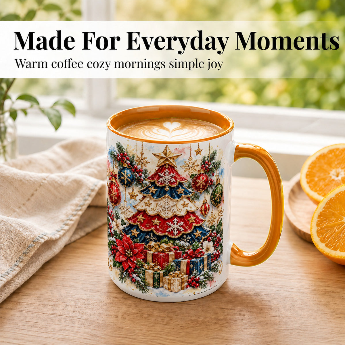 #pl[15oz|Orange] Watercolor Holiday Tree Coffee Mug, Ornament Mug, Ceramic Cup