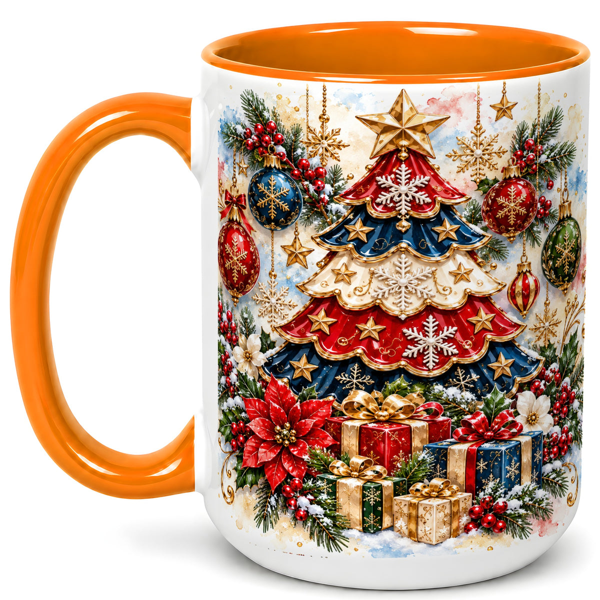 #pl[15oz|Orange] Watercolor Holiday Tree Coffee Mug, Ornament Mug, Ceramic Cup