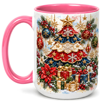 #pl[15oz|Pink] Watercolor Holiday Tree Coffee Mug, Ornament Mug, Ceramic Cup