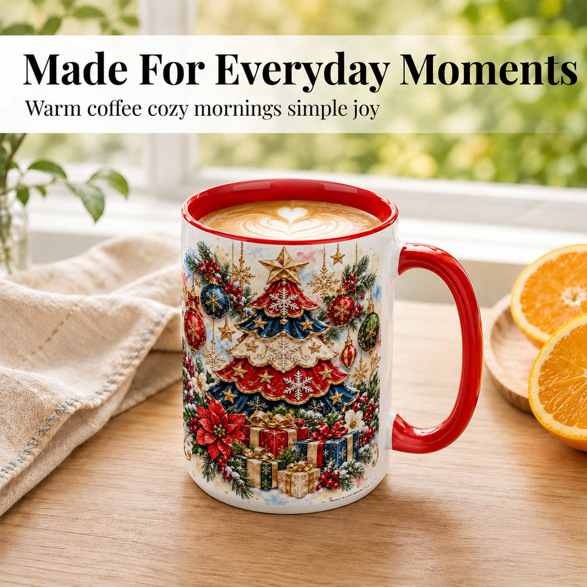 #pl[15oz|Red] Watercolor Holiday Tree Coffee Mug, Ornament Mug, Ceramic Cup