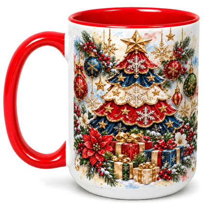 #pl[15oz|Red] Watercolor Holiday Tree Coffee Mug, Ornament Mug, Ceramic Cup