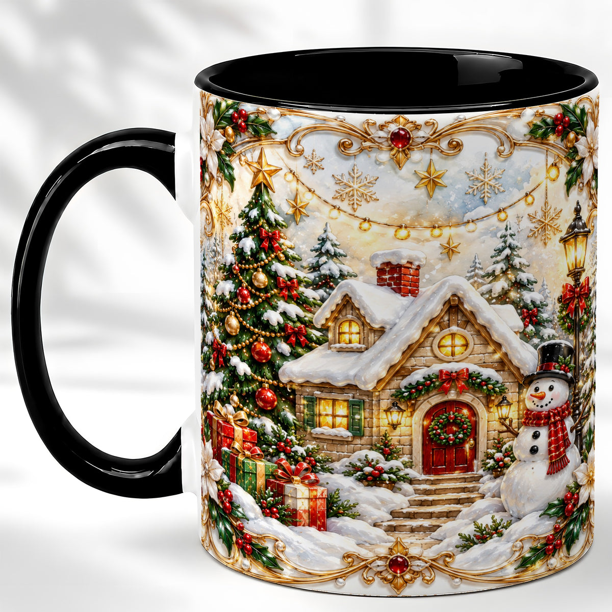 #pl[11oz|Black] Ornate Christmas Cottage Coffee Mug, Snowman Mug, Ceramic Cup