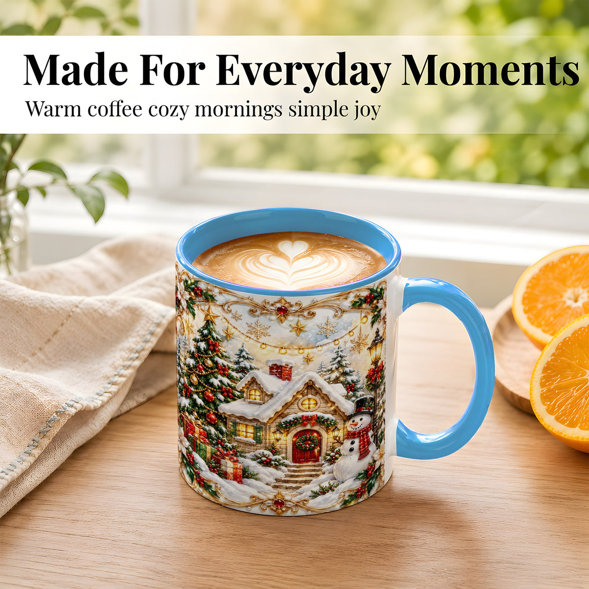 #pl[11oz|Blue] Ornate Christmas Cottage Coffee Mug, Snowman Mug, Ceramic Cup