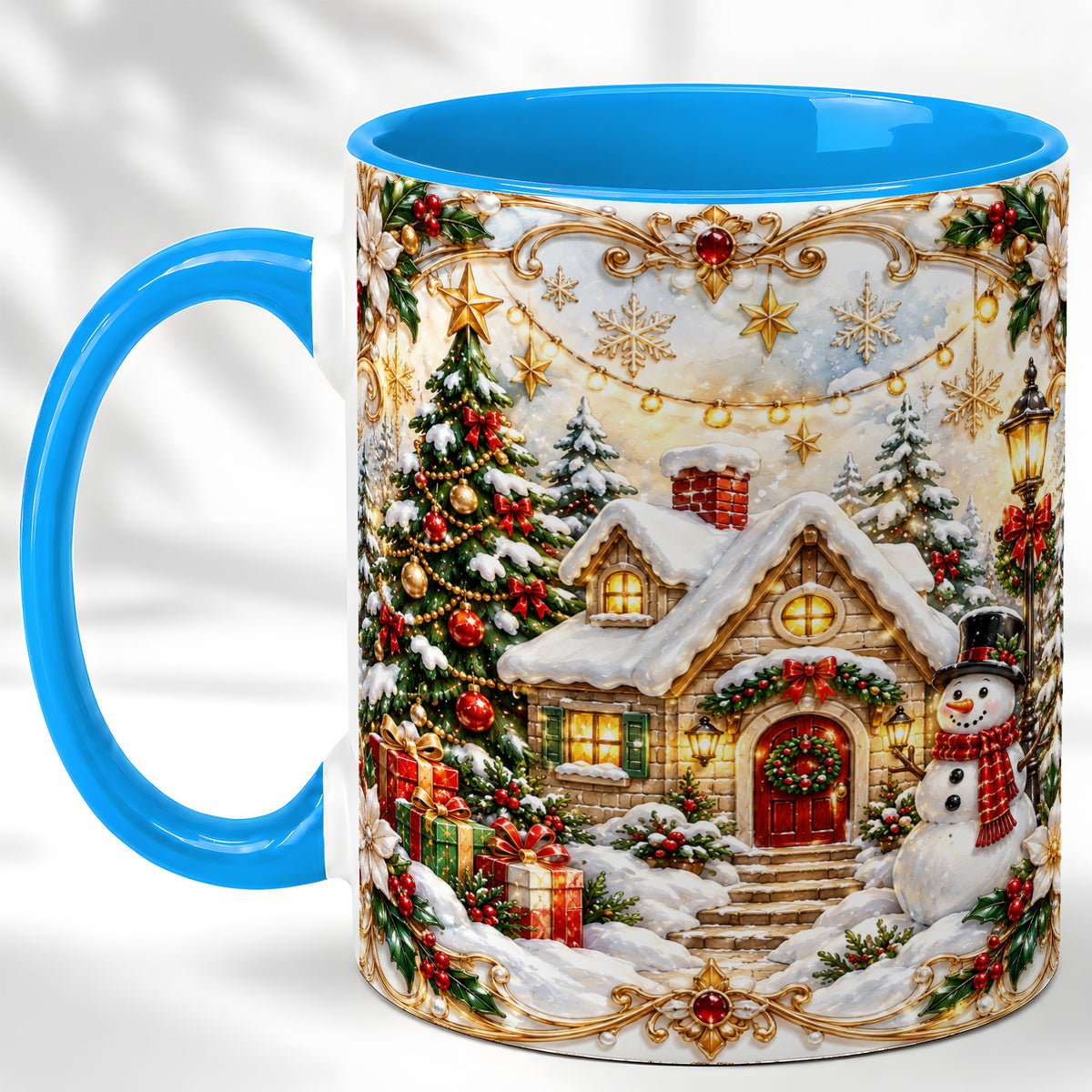 #pl[11oz|Blue] Ornate Christmas Cottage Coffee Mug, Snowman Mug, Ceramic Cup