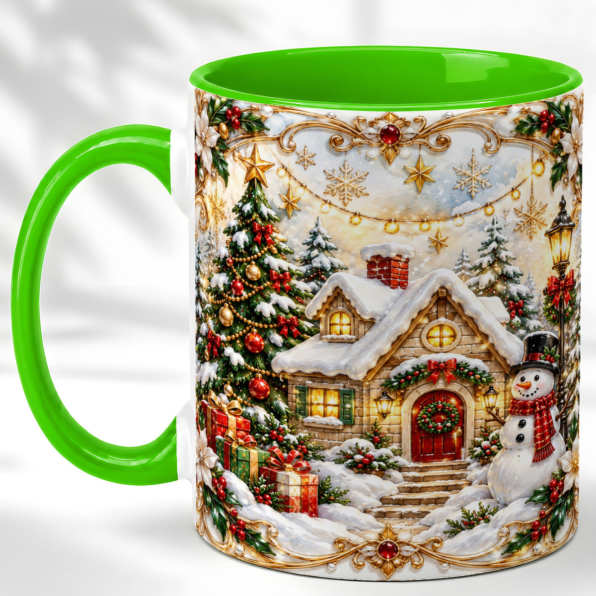 #pl[11oz|Green] Ornate Christmas Cottage Coffee Mug, Snowman Mug, Ceramic Cup