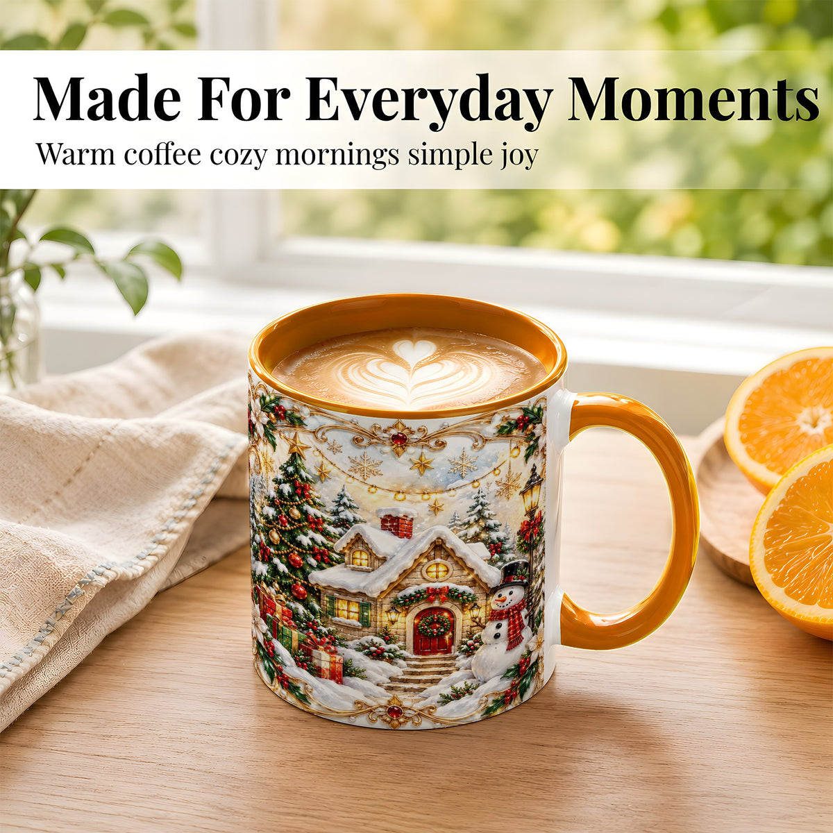 #pl[11oz|Orange] Ornate Christmas Cottage Coffee Mug, Snowman Mug, Ceramic Cup