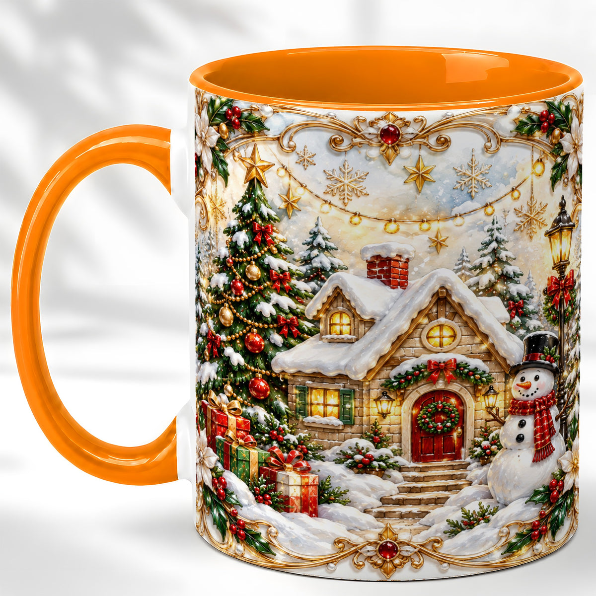 #pl[11oz|Orange] Ornate Christmas Cottage Coffee Mug, Snowman Mug, Ceramic Cup