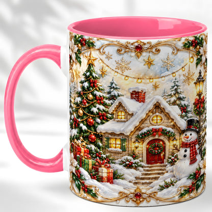 #pl[11oz|Pink] Ornate Christmas Cottage Coffee Mug, Snowman Mug, Ceramic Cup