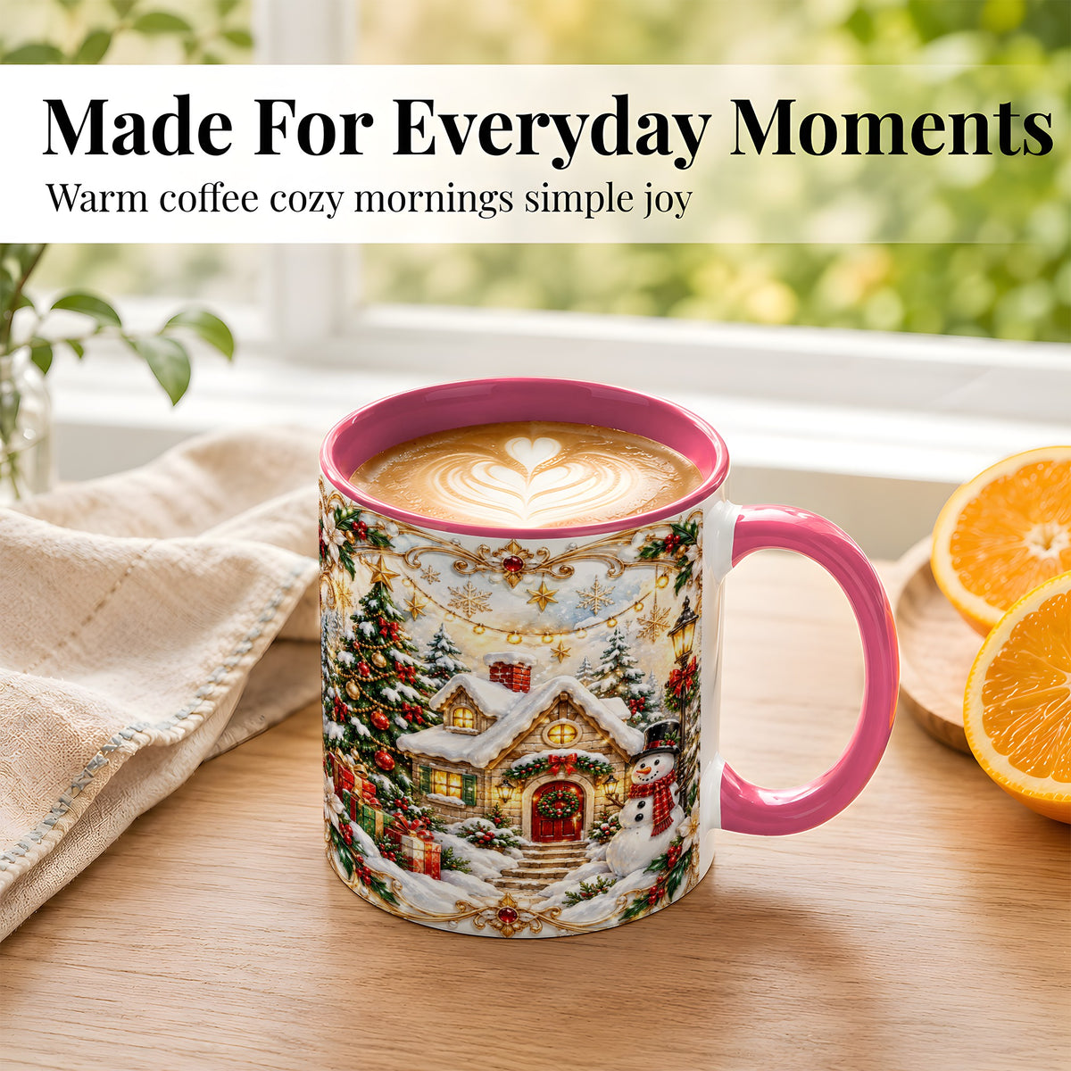 #pl[11oz|Pink] Ornate Christmas Cottage Coffee Mug, Snowman Mug, Ceramic Cup