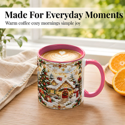 #pl[11oz|Pink] Ornate Christmas Cottage Coffee Mug, Snowman Mug, Ceramic Cup