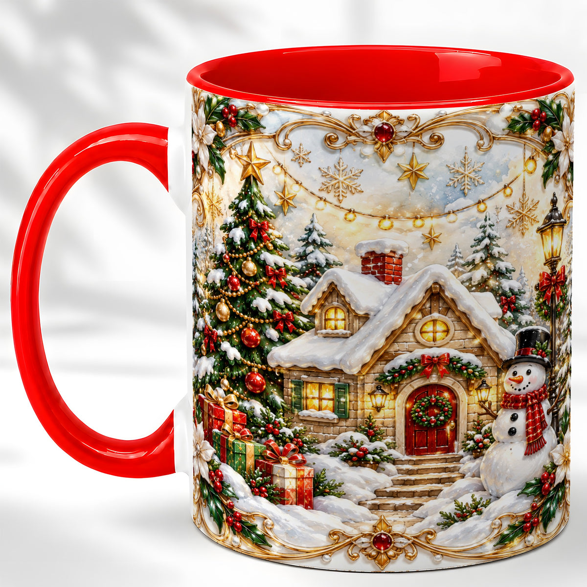 Ornate Christmas Cottage Coffee Mug, Snowman Mug, Ceramic Cup