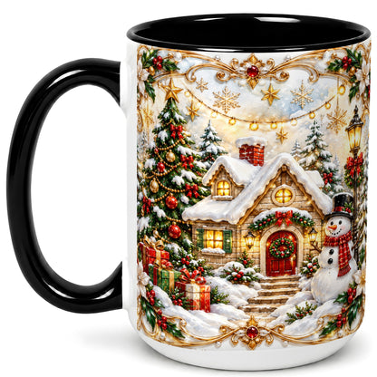#pl[15oz|Black] Ornate Christmas Cottage Coffee Mug, Snowman Mug, Ceramic Cup