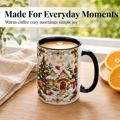 #pl[15oz|Black] Ornate Christmas Cottage Coffee Mug, Snowman Mug, Ceramic Cup