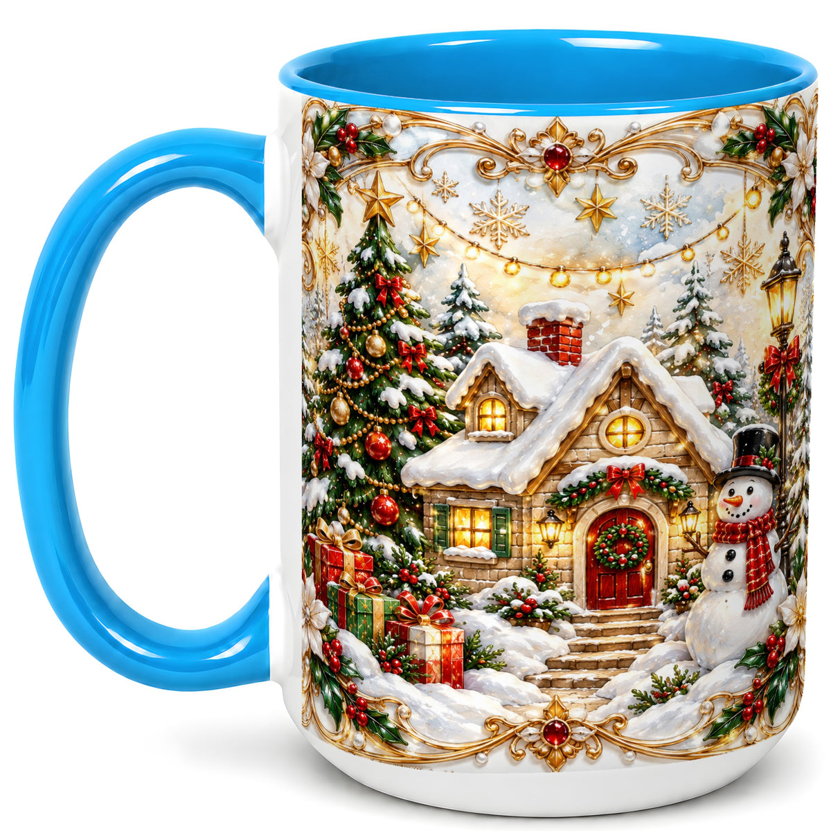 #pl[15oz|Blue] Ornate Christmas Cottage Coffee Mug, Snowman Mug, Ceramic Cup