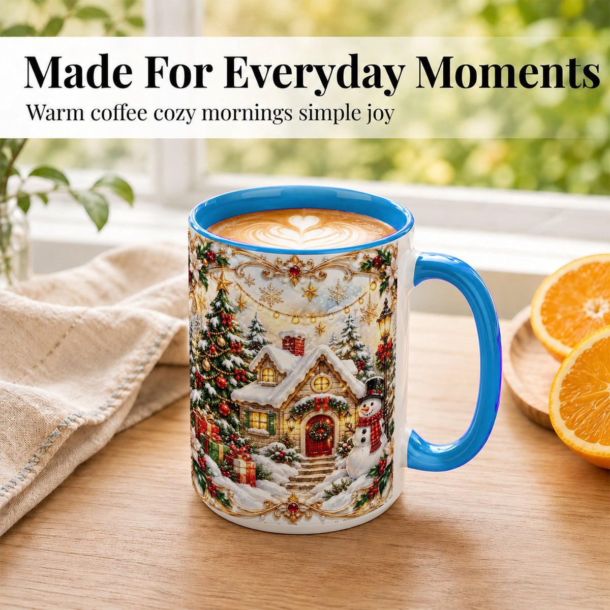 #pl[15oz|Blue] Ornate Christmas Cottage Coffee Mug, Snowman Mug, Ceramic Cup