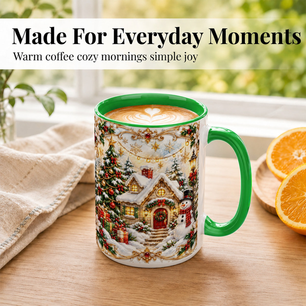 #pl[15oz|Green] Ornate Christmas Cottage Coffee Mug, Snowman Mug, Ceramic Cup