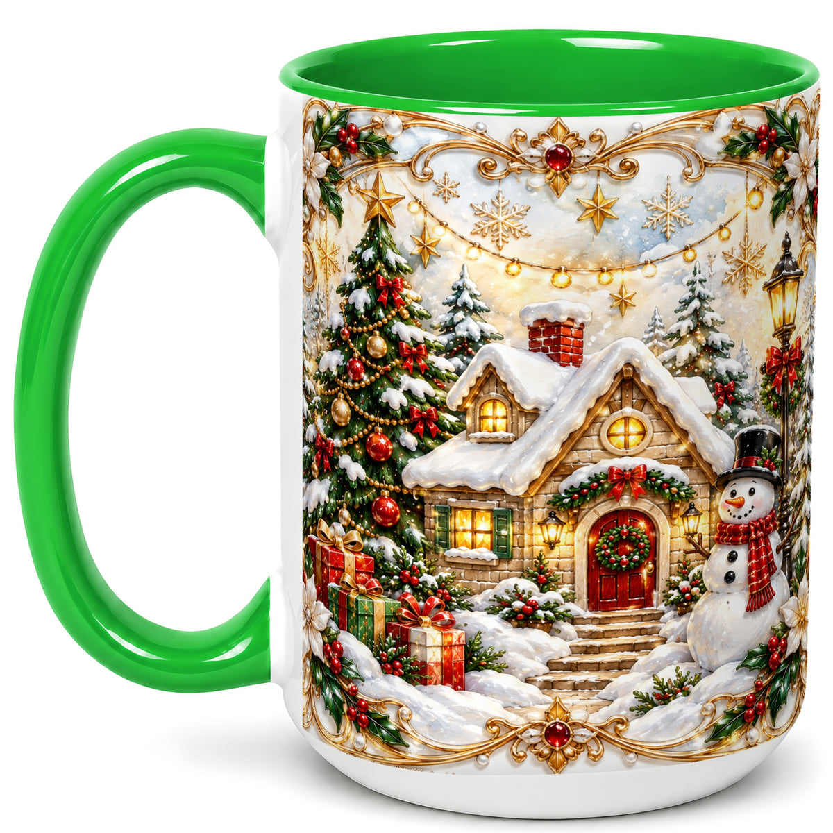 #pl[15oz|Green] Ornate Christmas Cottage Coffee Mug, Snowman Mug, Ceramic Cup