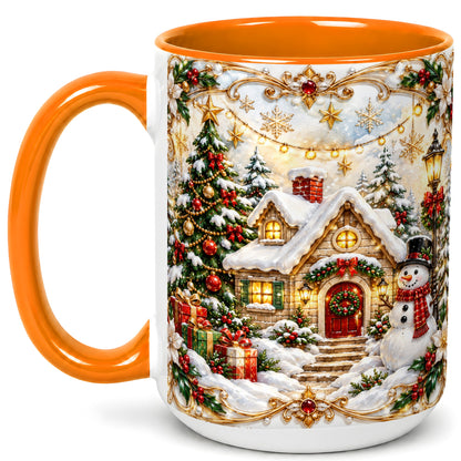 #pl[15oz|Orange] Ornate Christmas Cottage Coffee Mug, Snowman Mug, Ceramic Cup