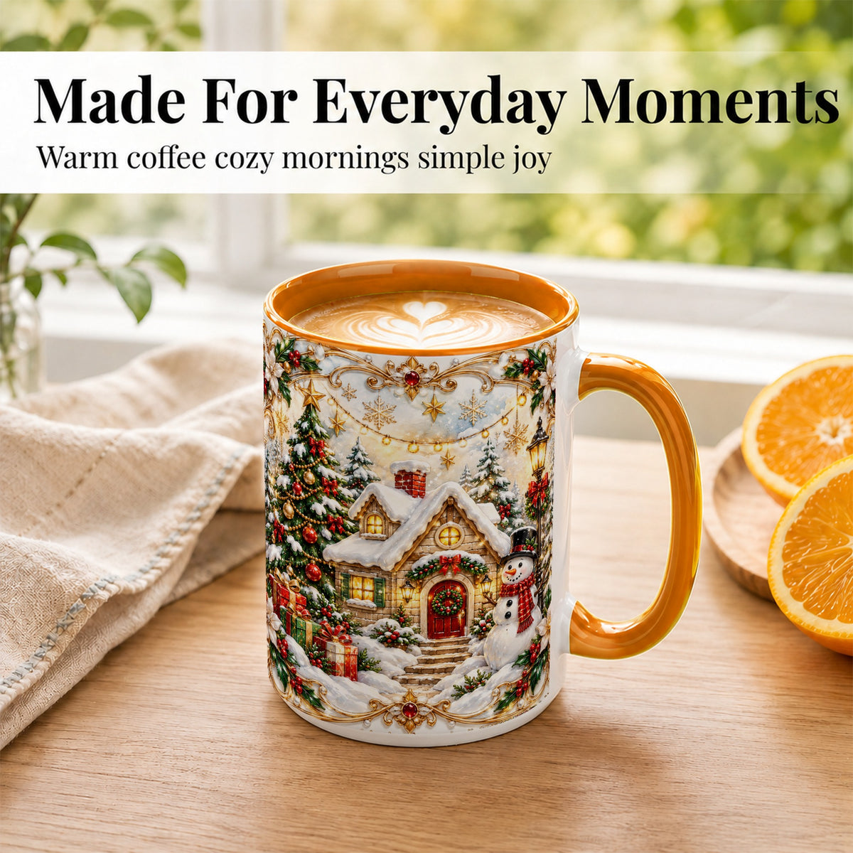 #pl[15oz|Orange] Ornate Christmas Cottage Coffee Mug, Snowman Mug, Ceramic Cup