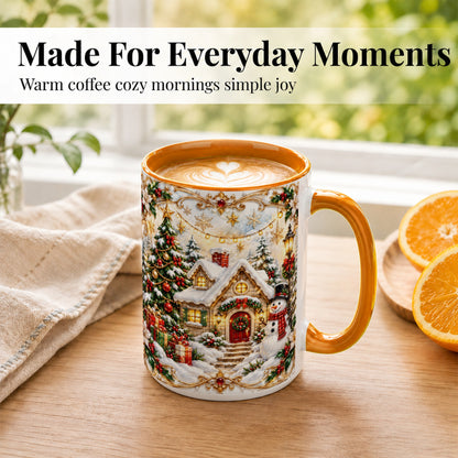 #pl[15oz|Orange] Ornate Christmas Cottage Coffee Mug, Snowman Mug, Ceramic Cup