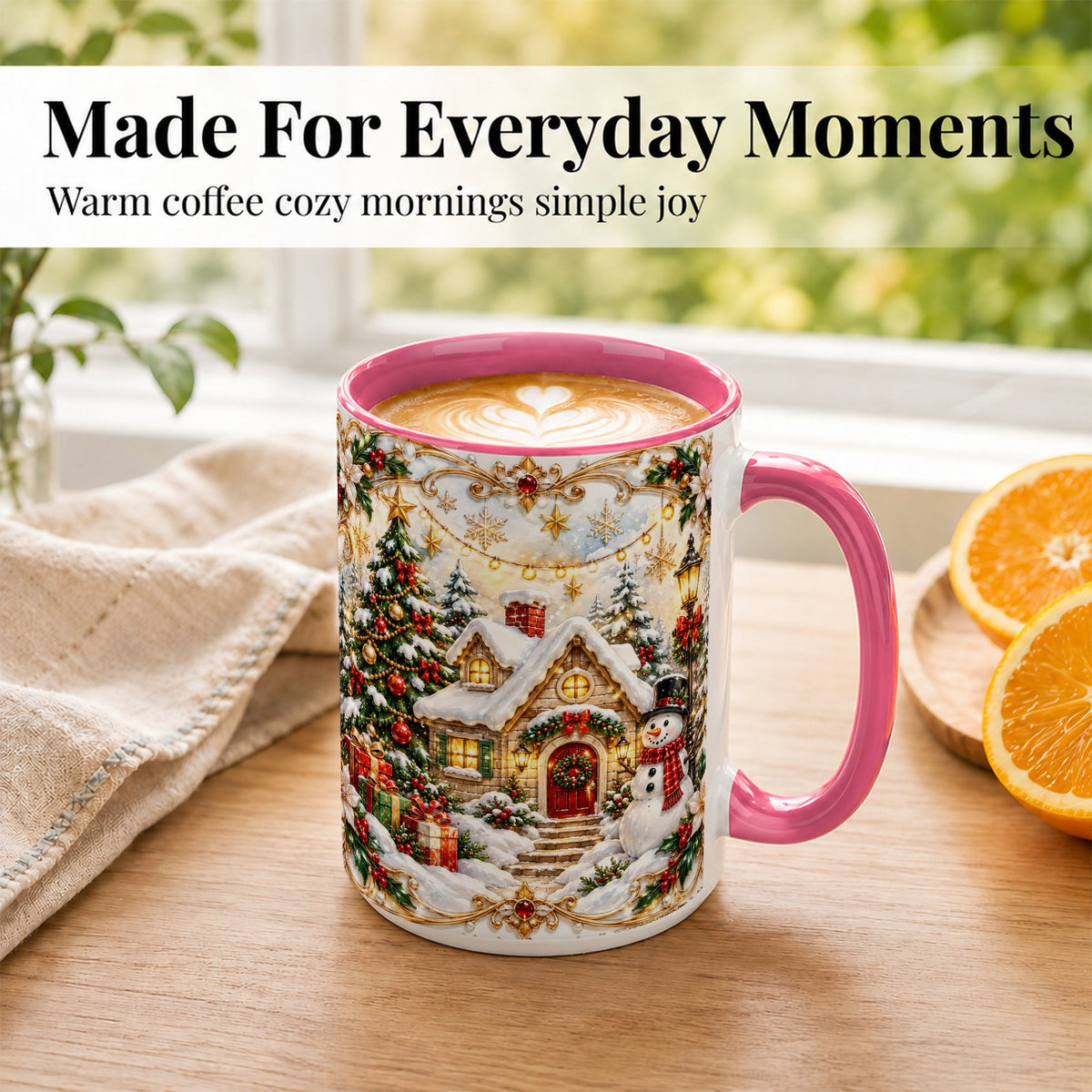 #pl[15oz|Pink] Ornate Christmas Cottage Coffee Mug, Snowman Mug, Ceramic Cup