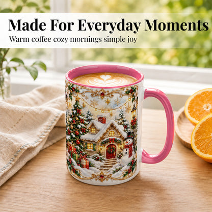 #pl[15oz|Pink] Ornate Christmas Cottage Coffee Mug, Snowman Mug, Ceramic Cup
