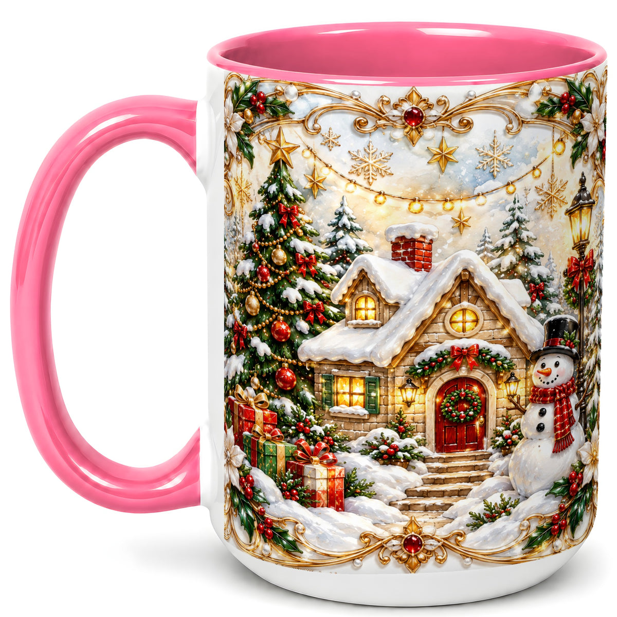 #pl[15oz|Pink] Ornate Christmas Cottage Coffee Mug, Snowman Mug, Ceramic Cup